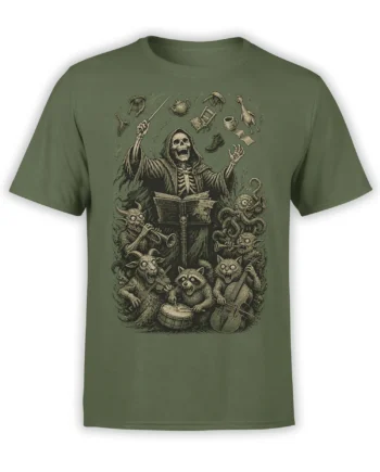 Olive green fantasy T-shirt with a hooded skeleton conducting strange creatures playing musical instruments