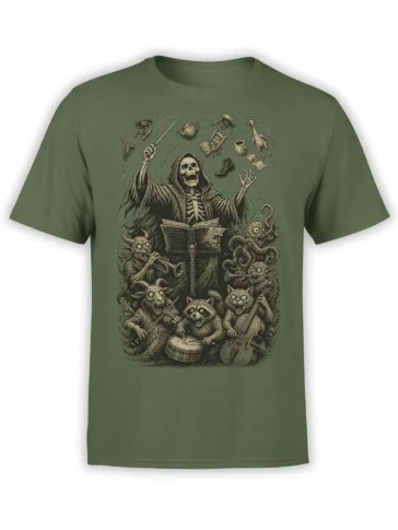 Olive green fantasy T-shirt with a hooded skeleton conducting strange creatures playing musical instruments