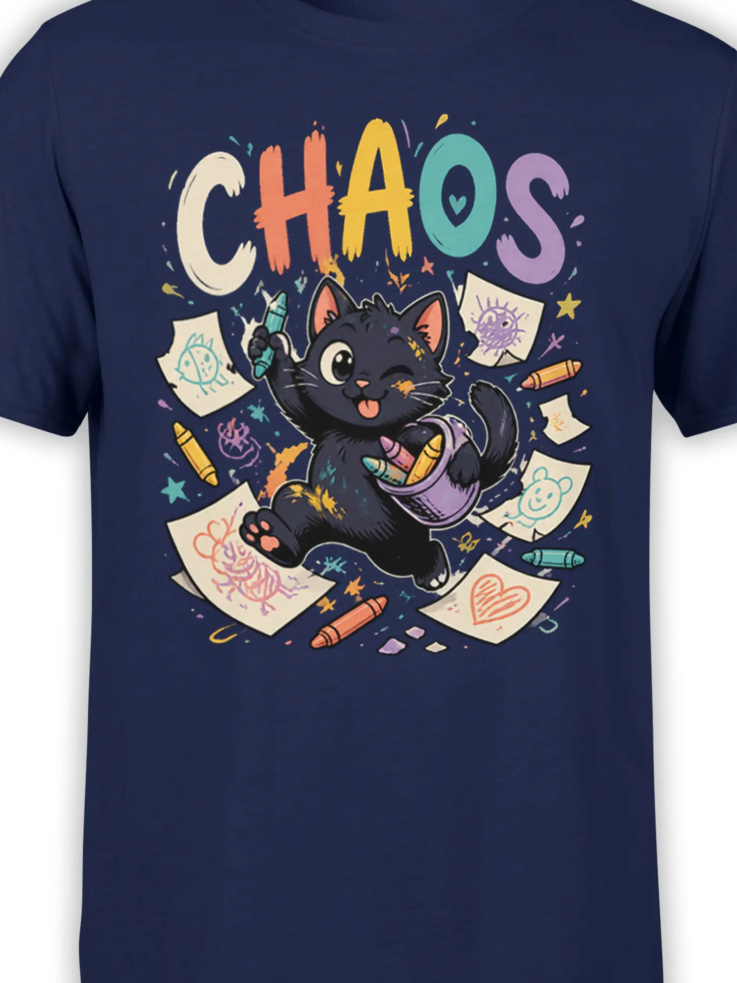 Close-up of black cat, crayons, doodles, and colorful CHAOS lettering on a navy shirt