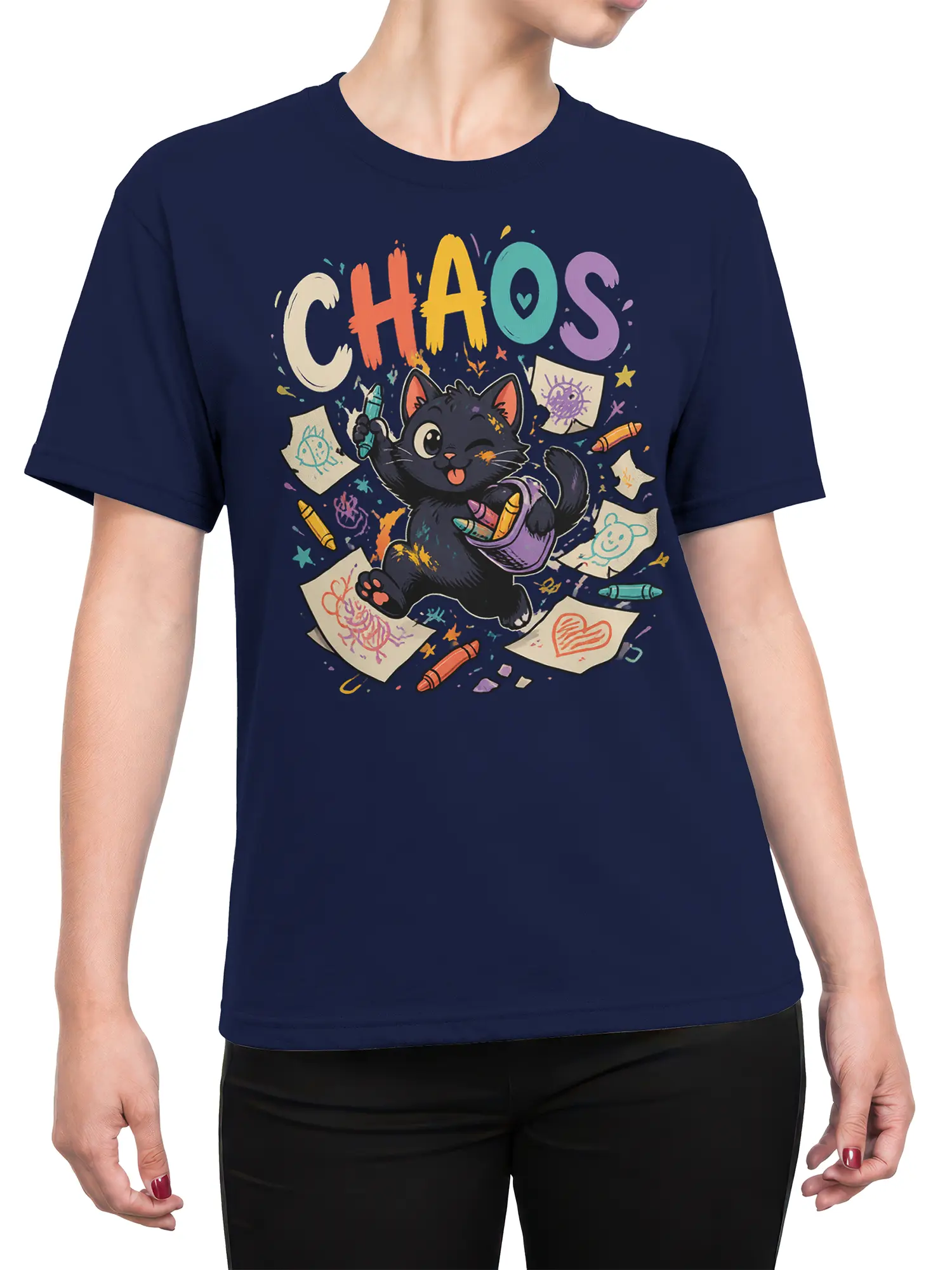 Female torso wearing a navy T-shirt with a playful black cat, crayons, doodles, and CHAOS artwork