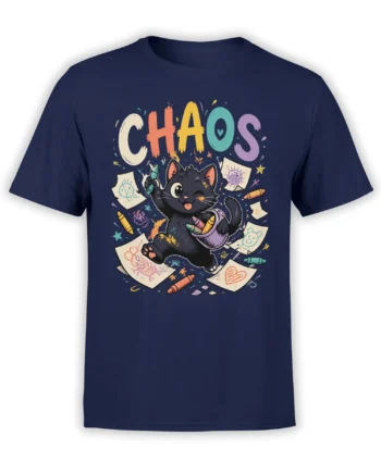 Playful black cat with crayons and colorful doodles beneath large CHAOS lettering on a navy T-shirt