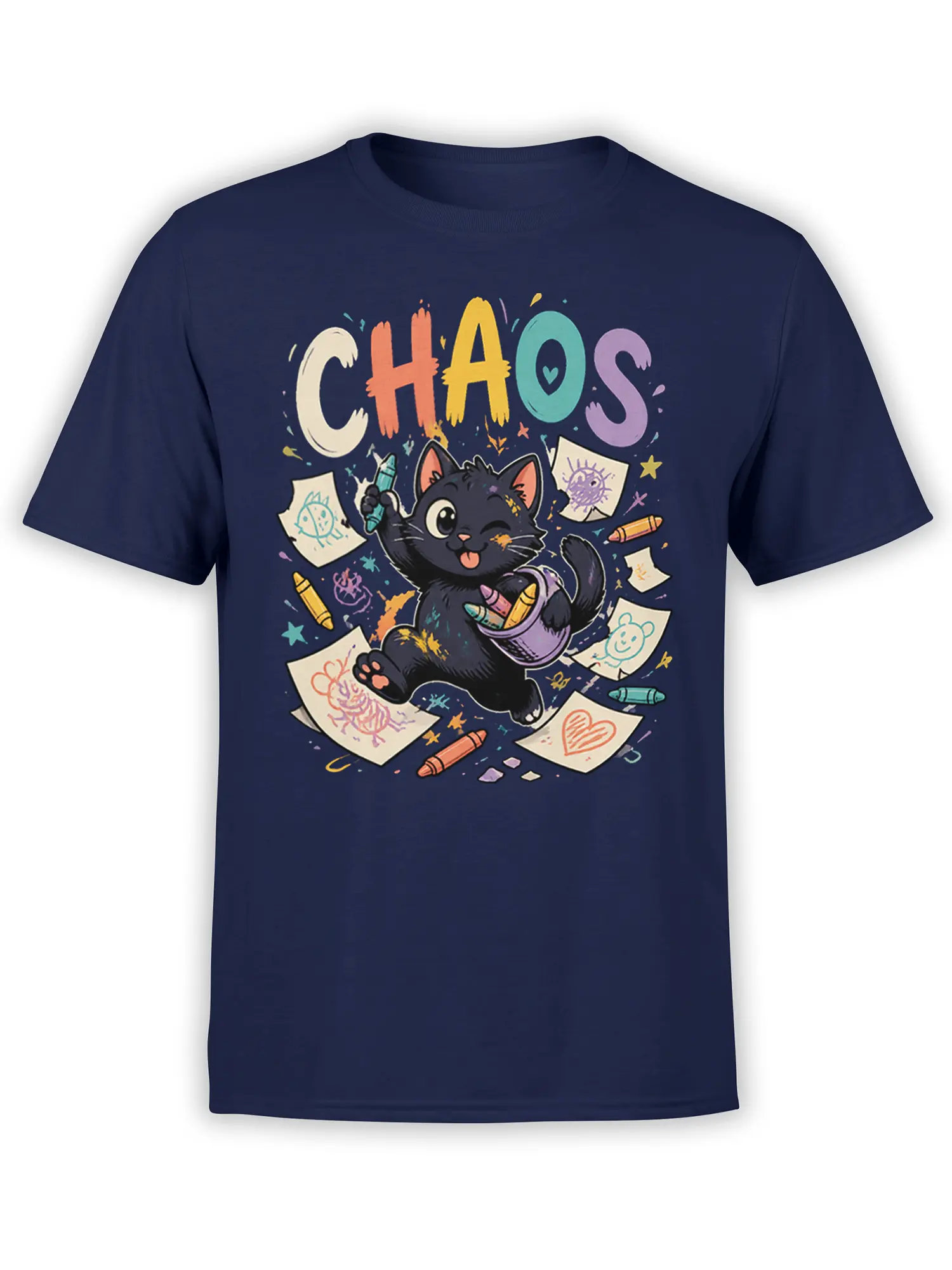 Playful black cat with crayons and colorful doodles beneath large CHAOS lettering on a navy T-shirt