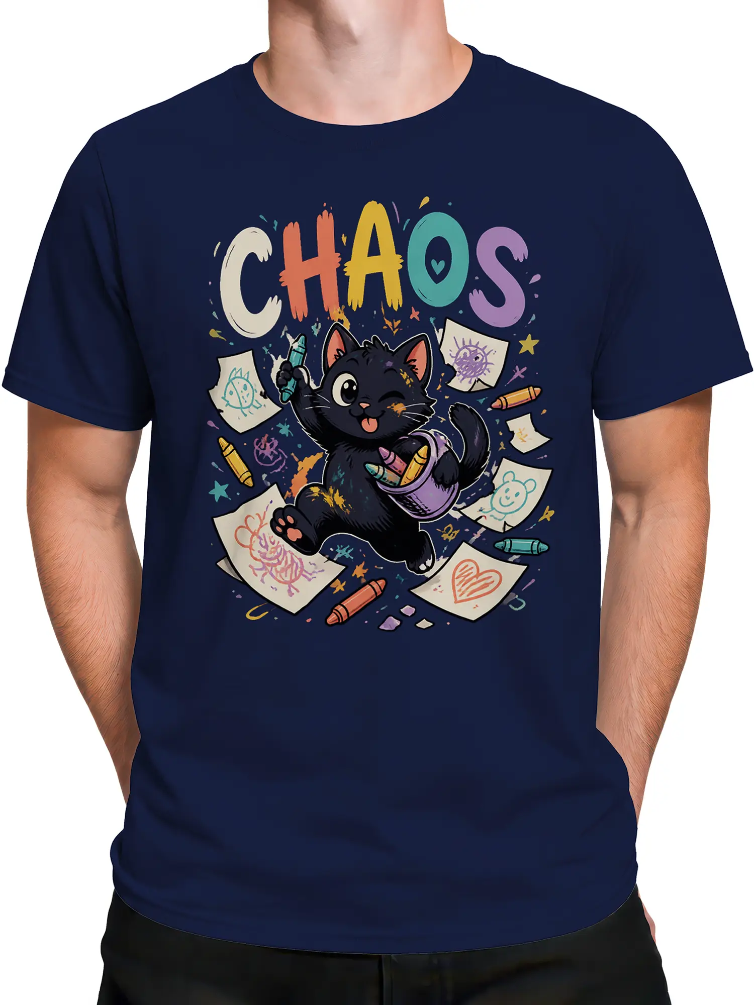 Male torso wearing a navy black cat T-shirt with colorful crayons, doodles, and CHAOS lettering
