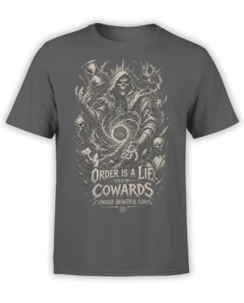 Dark fantasy skeleton T-shirt in gray with skulls, crowns, hourglass, D20, and beautiful chaos text