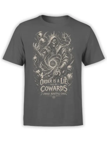 Dark fantasy skeleton T-shirt in gray with skulls, crowns, hourglass, D20, and beautiful chaos text