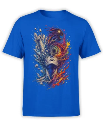 Blue fantasy T-shirt with an elemental portrait, fire and ice effects, crystals, and a cosmic vortex