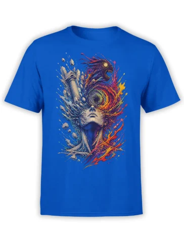 Blue fantasy T-shirt with an elemental portrait, fire and ice effects, crystals, and a cosmic vortex