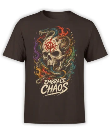 Dark brown snake and skull T-shirt with chains, colorful flames, anarchy symbol, and Embrace Chaos text
