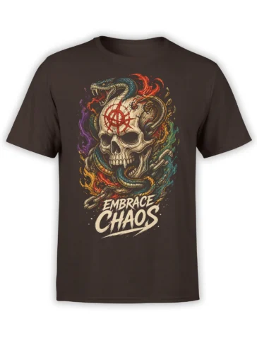 Dark brown snake and skull T-shirt with chains, colorful flames, anarchy symbol, and Embrace Chaos text