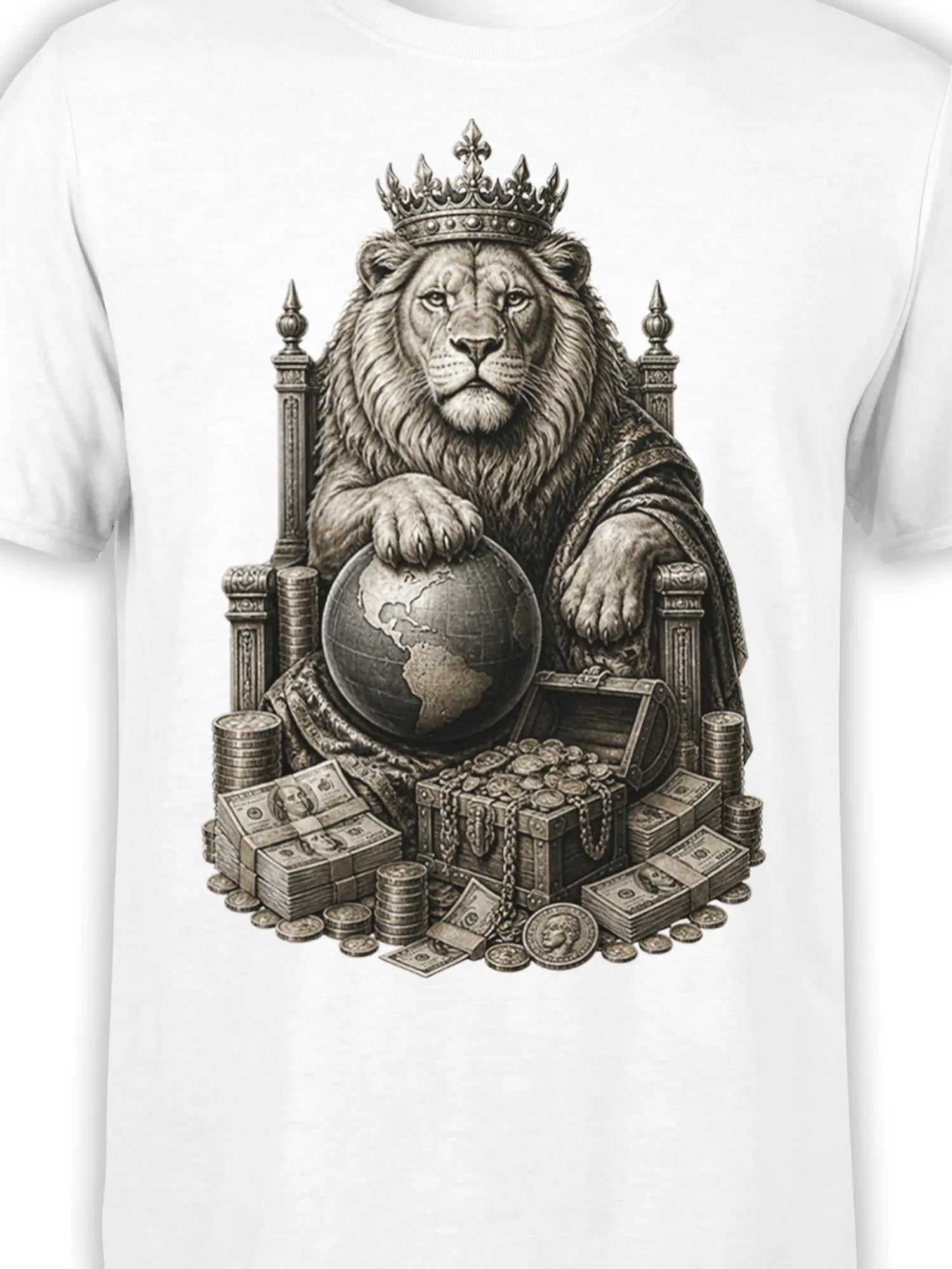 Close-up of crowned lion artwork with throne, globe, treasure, coins, and cash on a white T-shirt