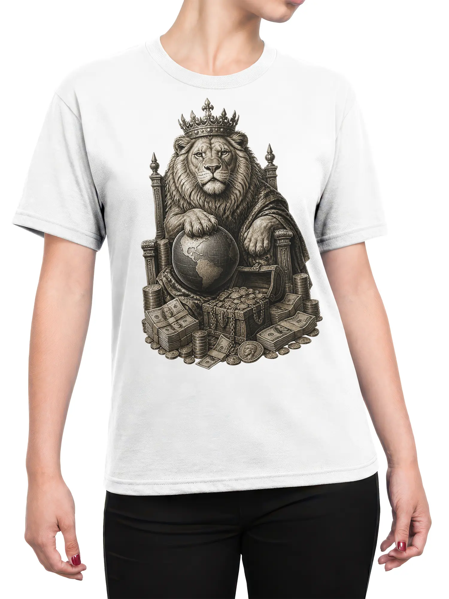 Female torso wearing a white crowned lion T-shirt with a throne, globe, treasure, coins, and cash design