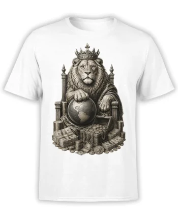 White T-shirt with a crowned lion on a throne, holding a globe above coins, cash, and a treasure chest
