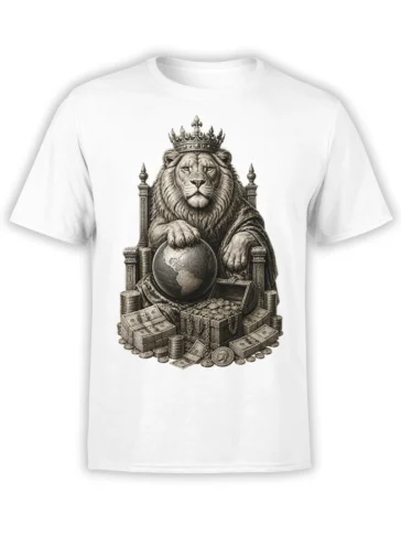 White T-shirt with a crowned lion on a throne, holding a globe above coins, cash, and a treasure chest