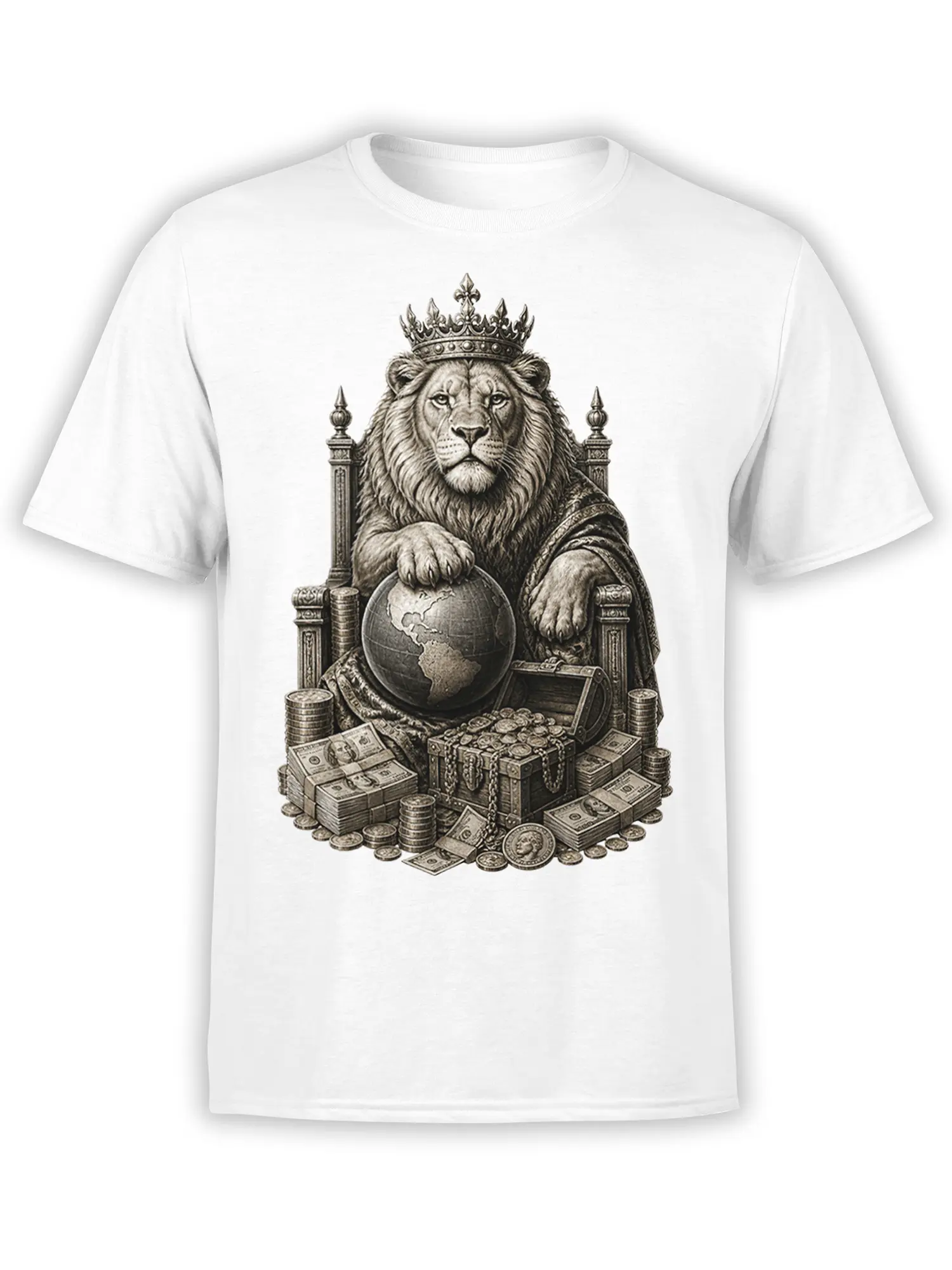 White T-shirt with a crowned lion on a throne, holding a globe above coins, cash, and a treasure chest