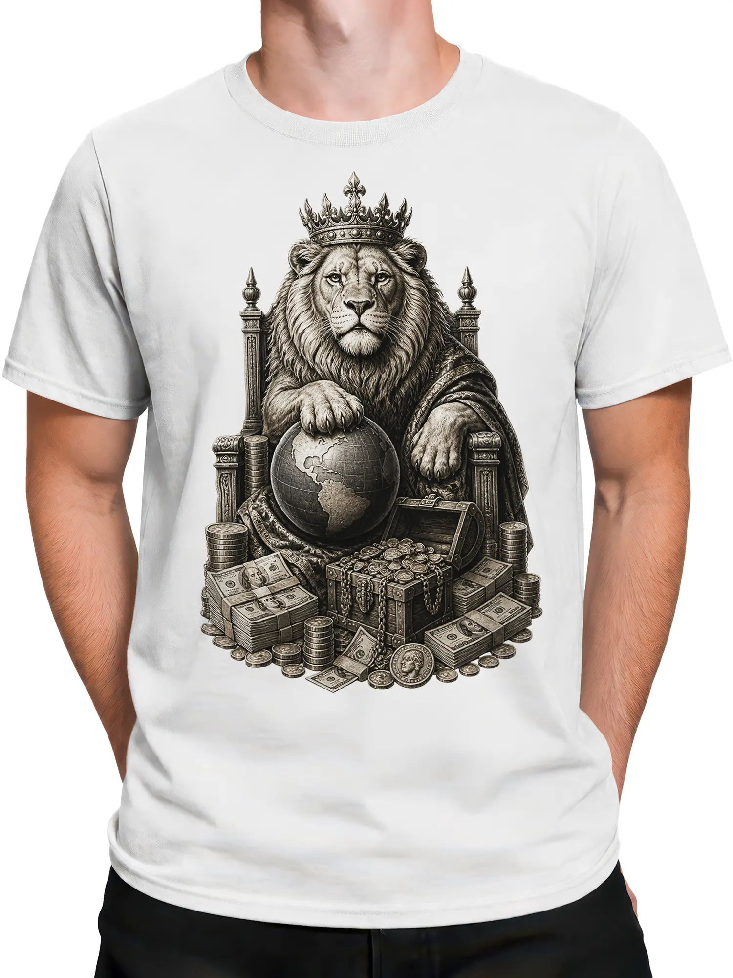 Male torso wearing a white crowned lion T-shirt with a throne, globe, treasure, coins, and cash design