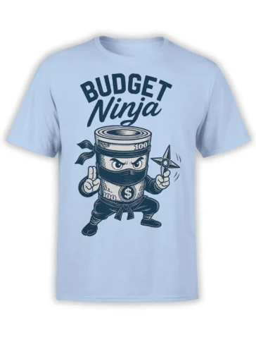 Budget Ninja money design with masked cash character and dollar-sign belt on a light blue T-shirt