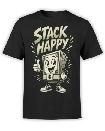 Stack Happy money graphic tee with a smiling dollar bill, cash bundle, and thumbs-up on a black T-shirt