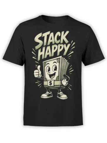 Stack Happy money graphic tee with a smiling dollar bill, cash bundle, and thumbs-up on a black T-shirt