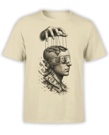 Beige T-shirt with a surreal hand controlling a human head filled with coins and dollar bills