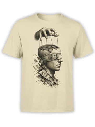 Beige T-shirt with a surreal hand controlling a human head filled with coins and dollar bills