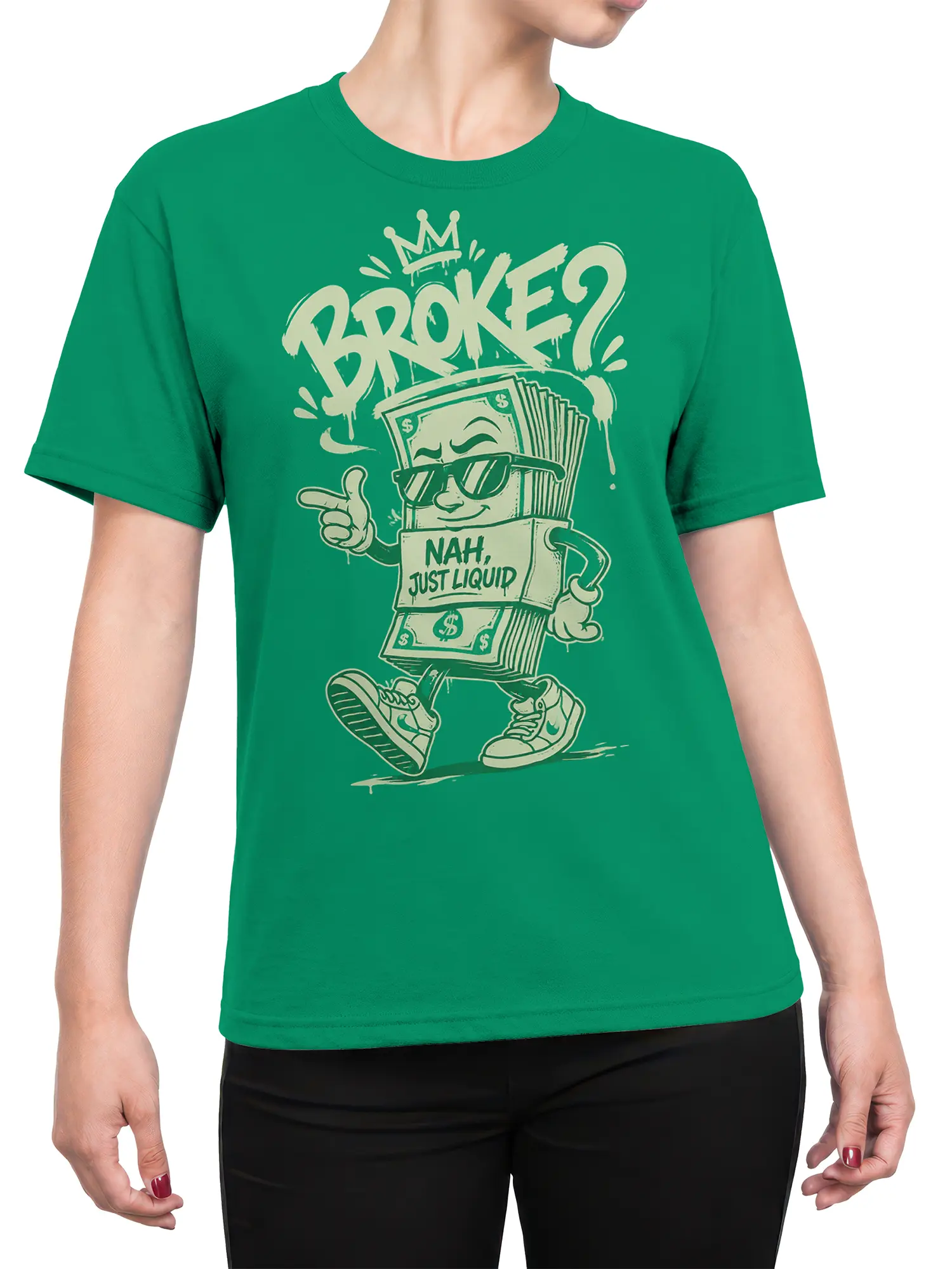 Female torso wearing a green money T-shirt with crowned cash character, sunglasses, sneakers, and liquid assets slogan