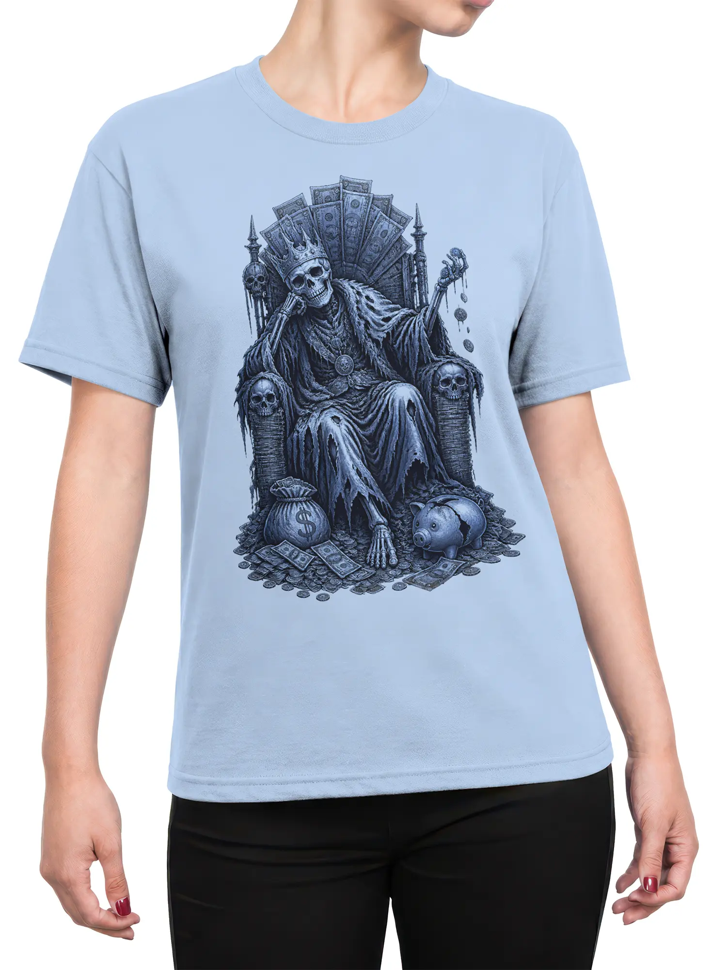 Female torso wearing a light blue T-shirt with a crowned skeleton, throne, money bag, and piggy bank design