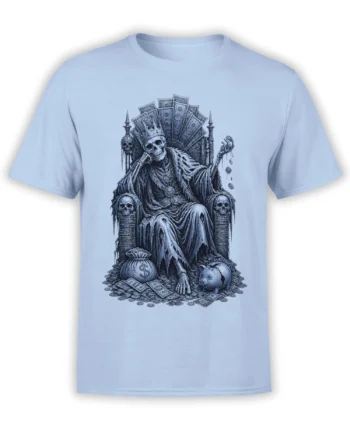 Crowned skeleton on a throne surrounded by cash, coins, and a piggy bank on a light blue T-shirt