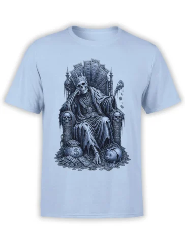 Crowned skeleton on a throne surrounded by cash, coins, and a piggy bank on a light blue T-shirt