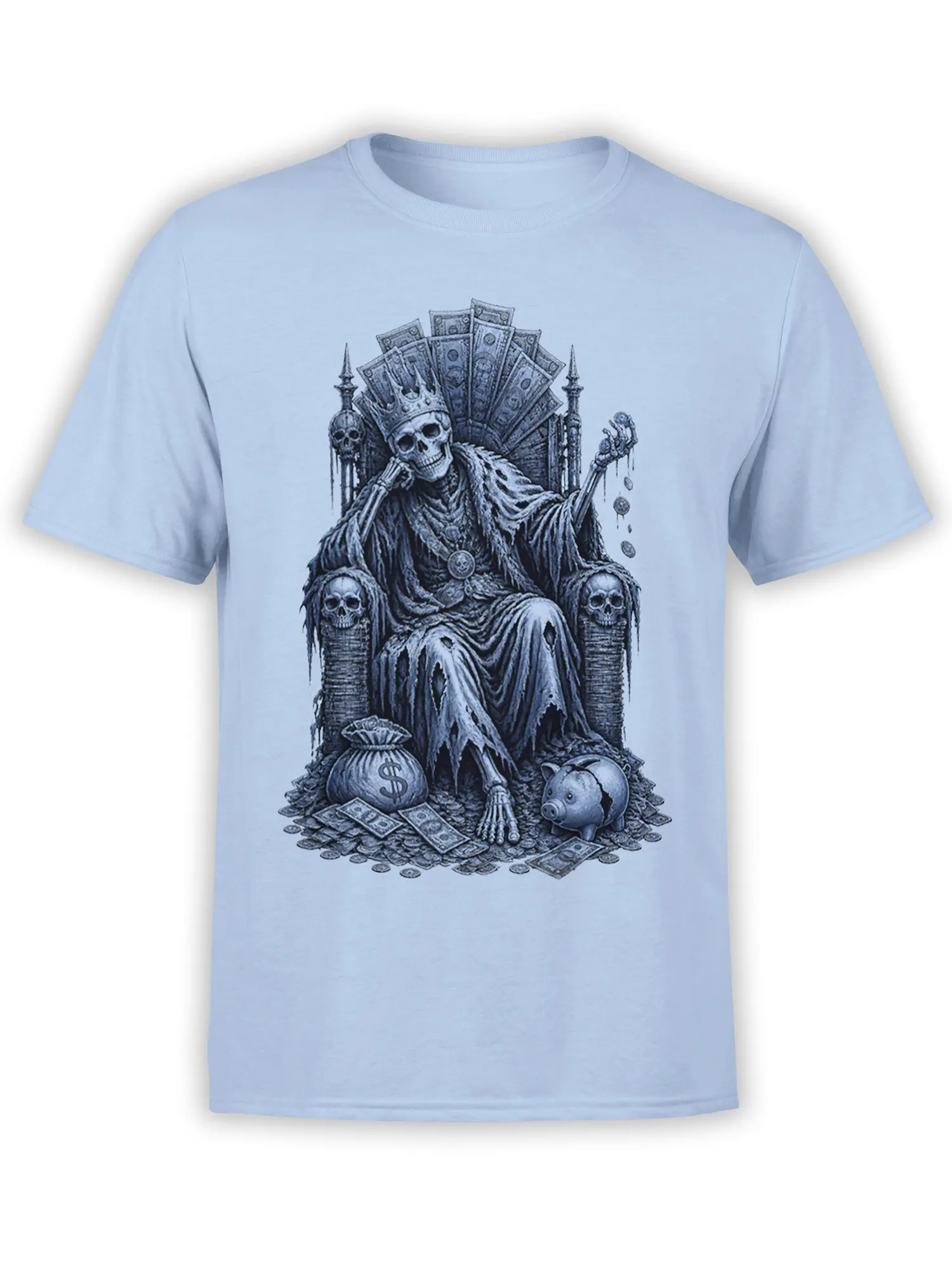 Crowned skeleton on a throne surrounded by cash, coins, and a piggy bank on a light blue T-shirt