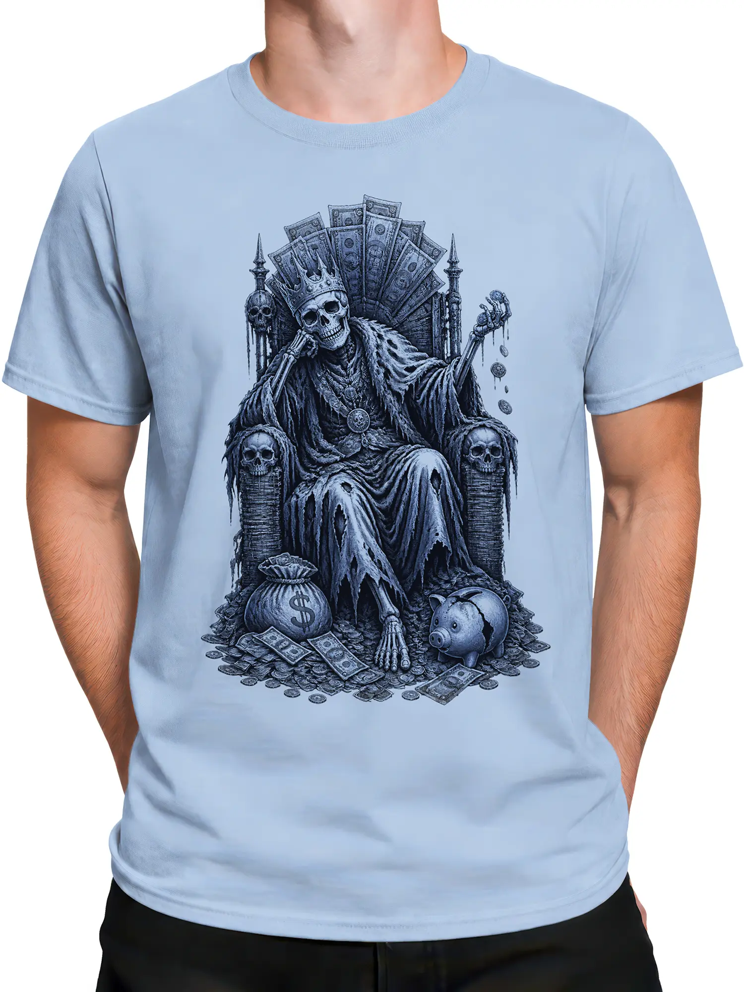 Male torso wearing a light blue crowned skeleton T-shirt with cash, coins, and gothic money artwork