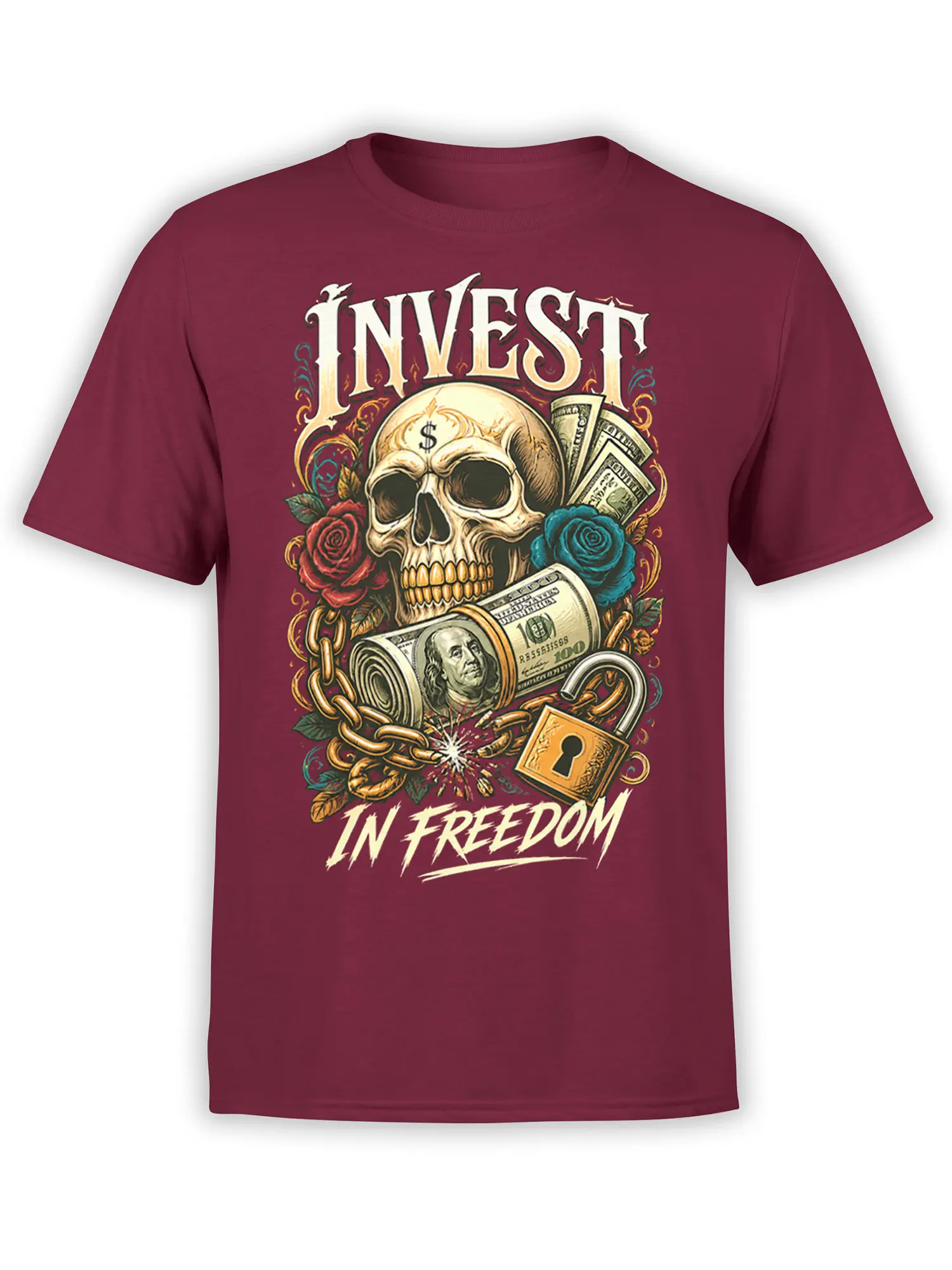 Detailed skull money design with roses, broken chain, lock, and “Invest in Freedom” text on a burgundy T-shirt