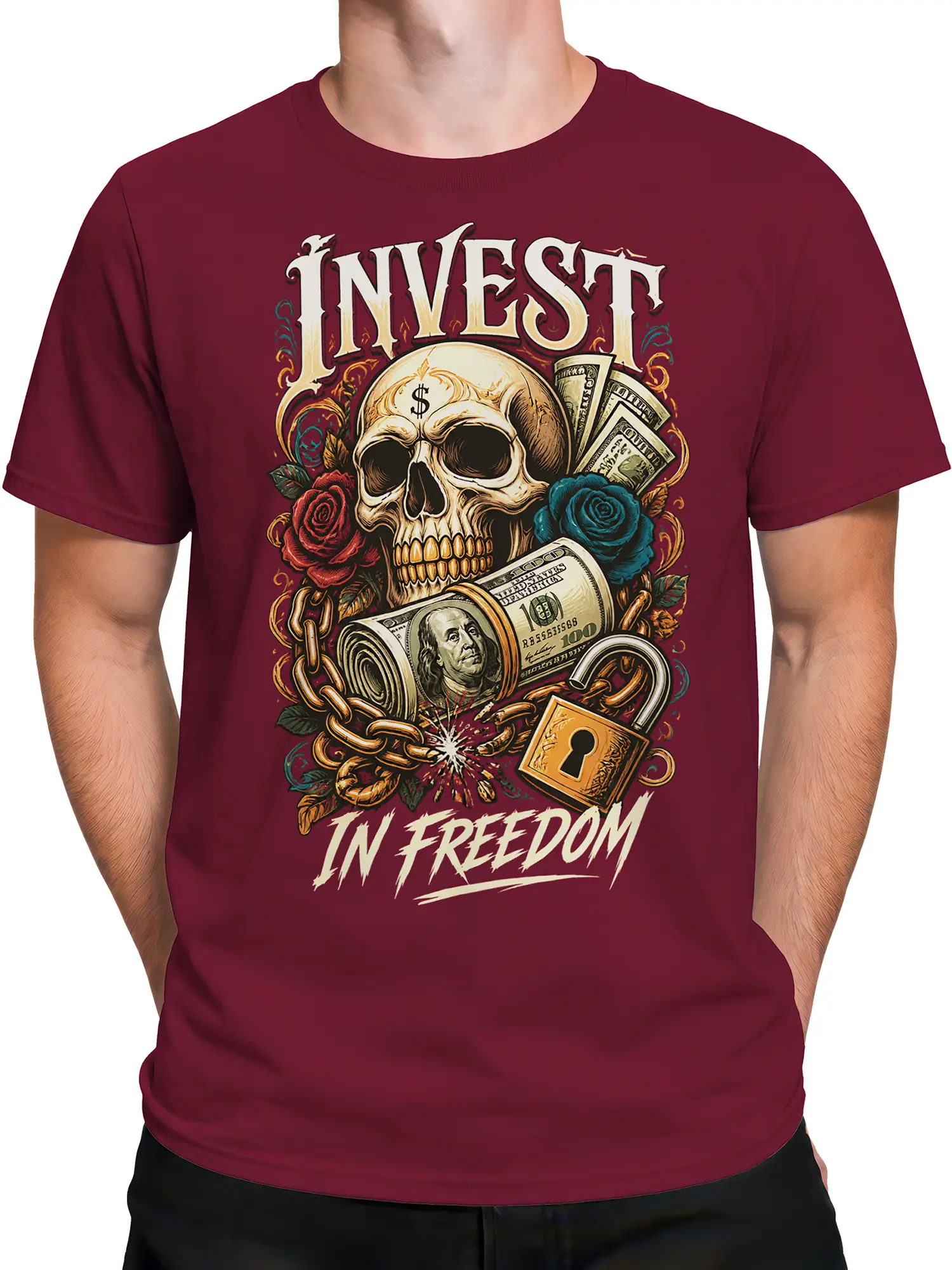 Male torso wearing a burgundy skull money T-shirt with roses, broken chain, lock, and bold freedom text