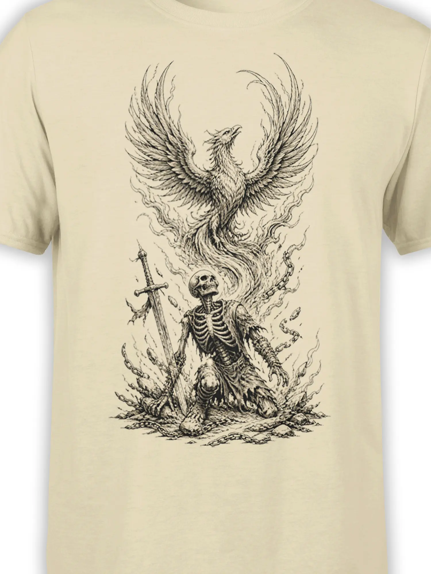 Close-up of the phoenix and skeleton warrior graphic in dark vintage ink on a beige T-shirt