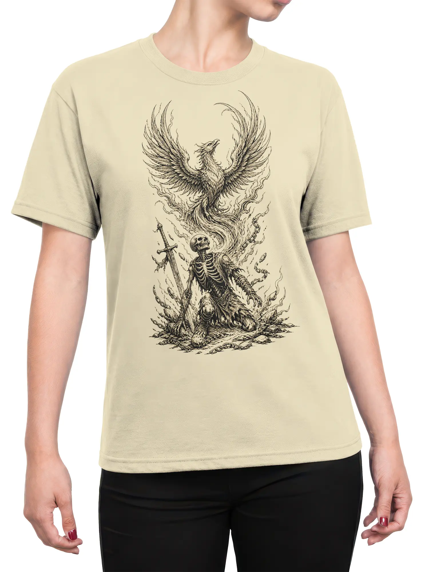 Female torso wearing a beige phoenix and skeleton warrior fantasy graphic T-shirt
