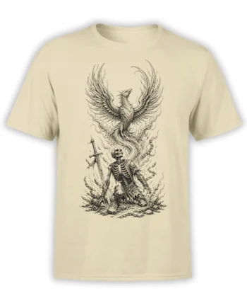 Beige T-shirt with a detailed phoenix rising above a chained skeleton warrior holding a sword