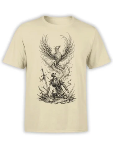Beige T-shirt with a detailed phoenix rising above a chained skeleton warrior holding a sword