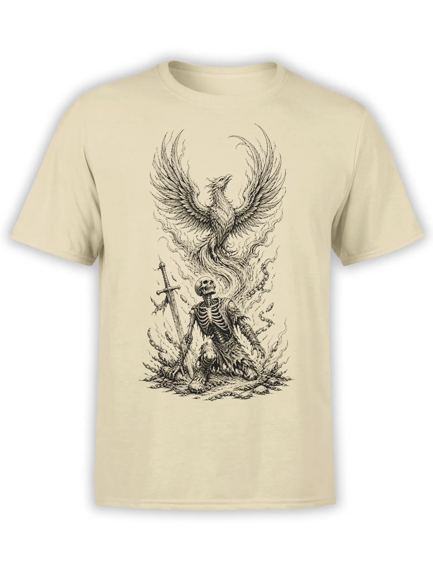 Beige T-shirt with a detailed phoenix rising above a chained skeleton warrior holding a sword