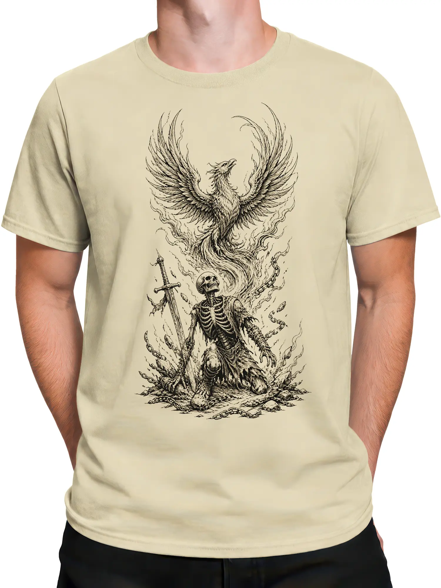 Male torso wearing a beige phoenix and skeleton warrior fantasy graphic T-shirt