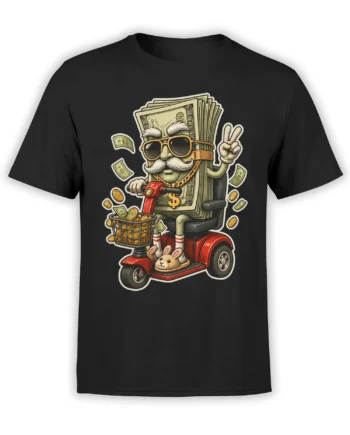 Black T-shirt with a mustached money character in sunglasses riding a red scooter