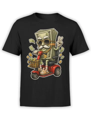 Black T-shirt with a mustached money character in sunglasses riding a red scooter