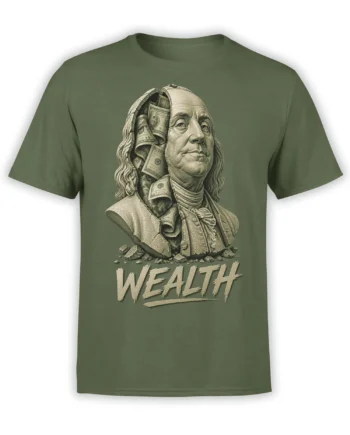 Benjamin Franklin portrait surrounded by dollar bills and WEALTH lettering on a green T-shirt