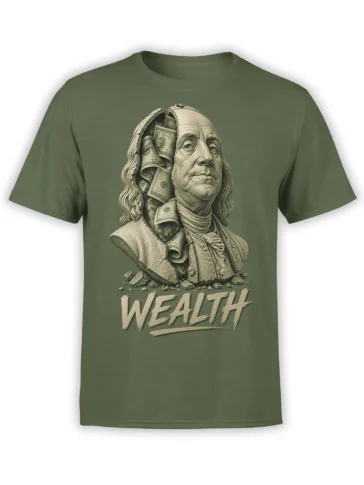 Benjamin Franklin portrait surrounded by dollar bills and WEALTH lettering on a green T-shirt