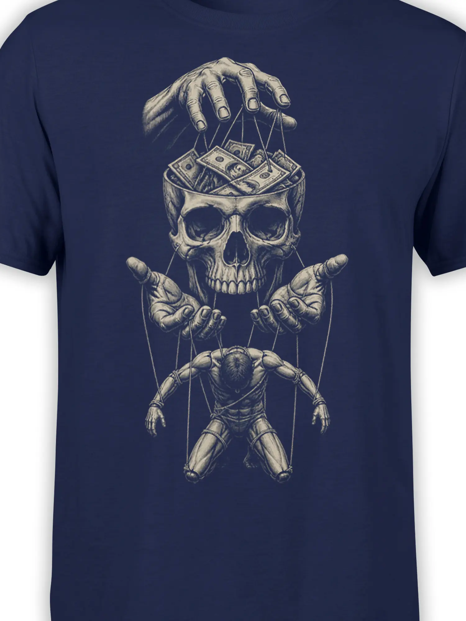 Close-up of the skull, cash, skeletal hands, and puppet strings on the navy graphic tee