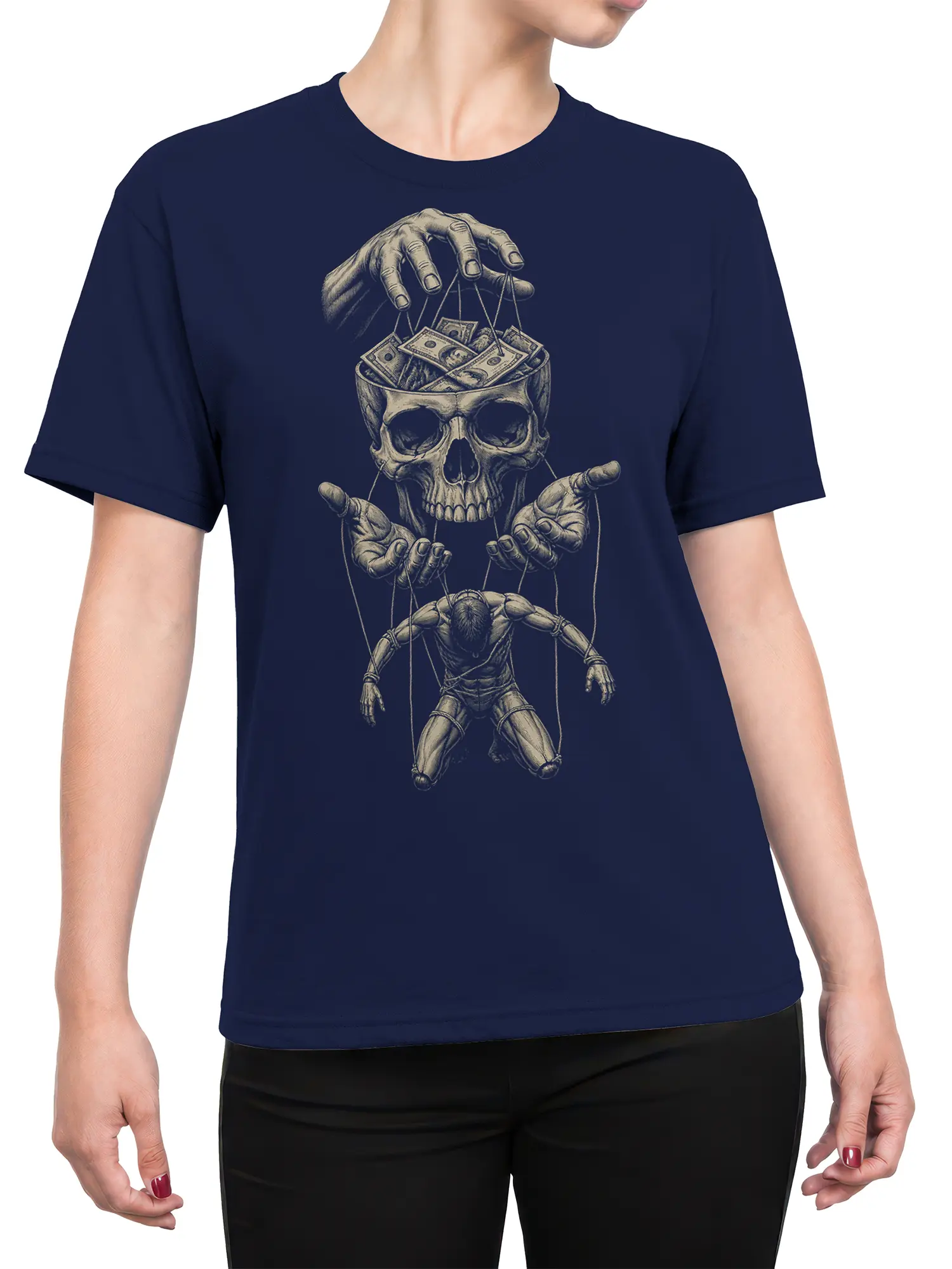 Female torso wearing a navy T-shirt with a monochrome skull puppetmaster and cash design