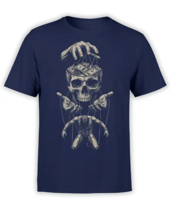Detailed skull puppetmaster graphic with cash and strings printed on a navy T-shirt