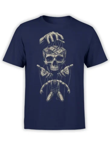 Detailed skull puppetmaster graphic with cash and strings printed on a navy T-shirt