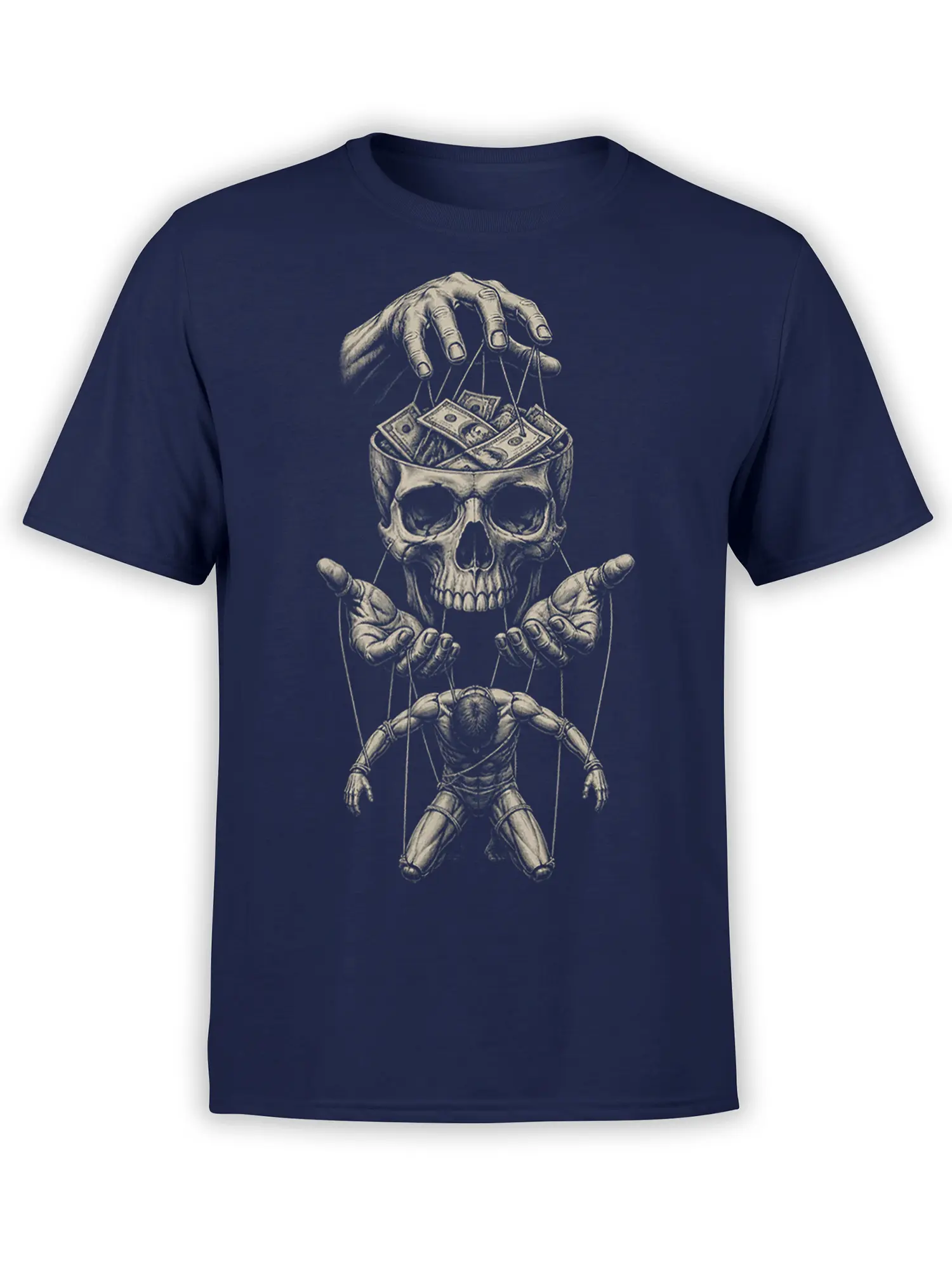 Detailed skull puppetmaster graphic with cash and strings printed on a navy T-shirt