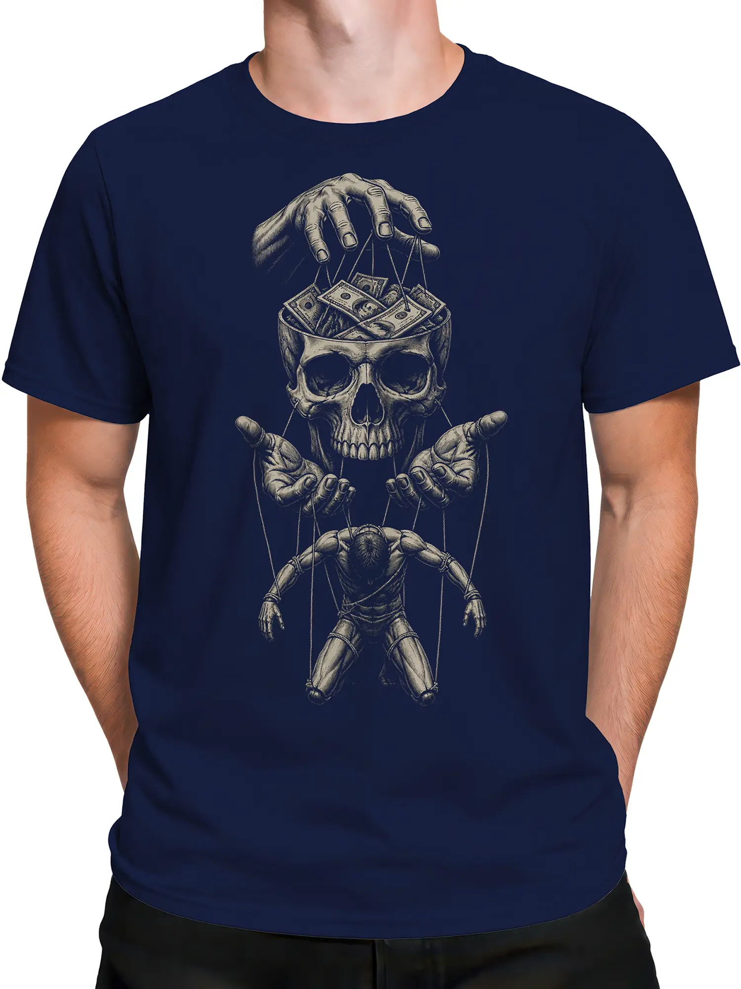 Male torso wearing a navy skull graphic T-shirt with a puppetmaster and cash illustration