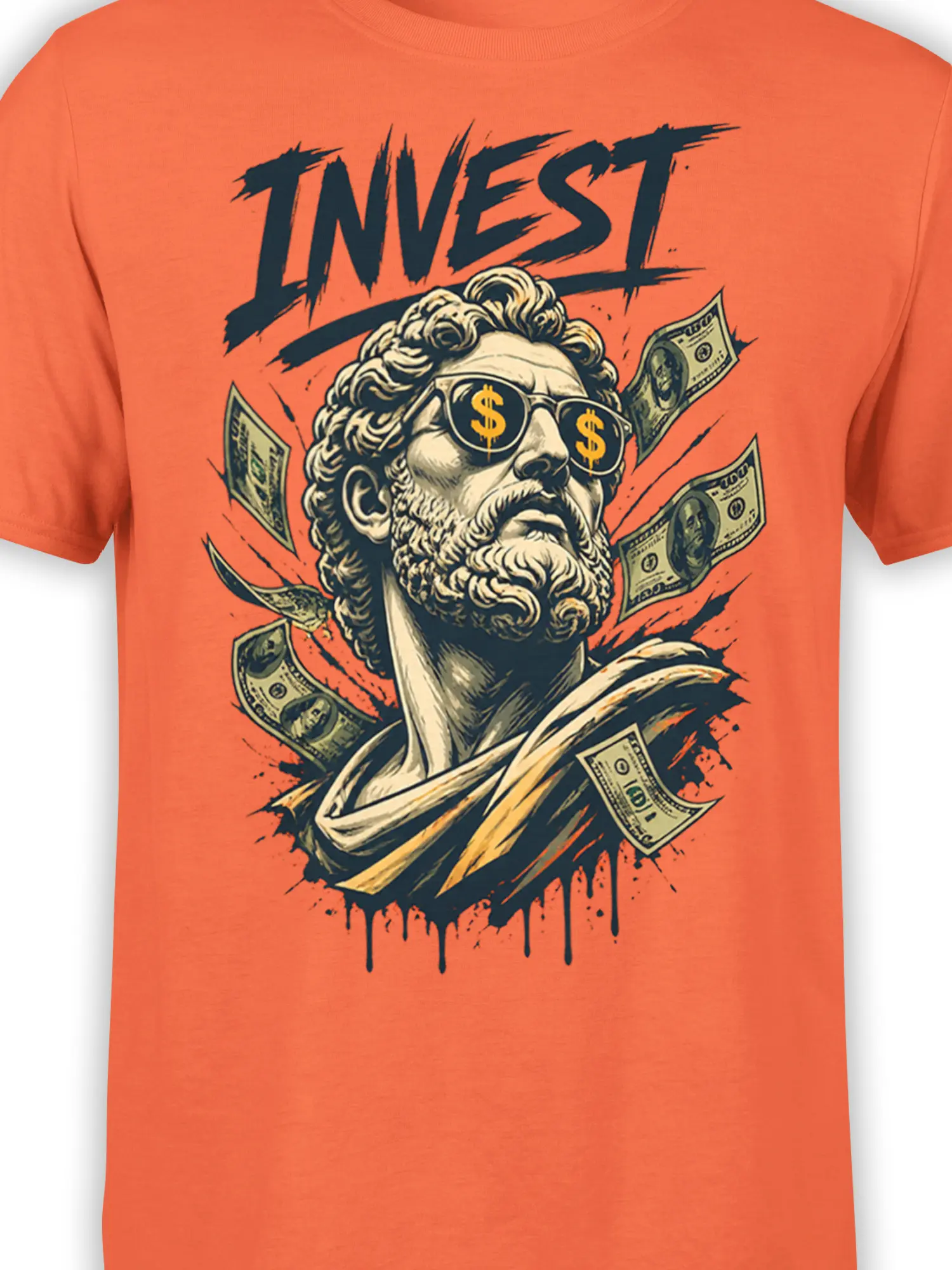 Close-up of the money graphic tee design with dollar sunglasses, flying bills, and bold INVEST text