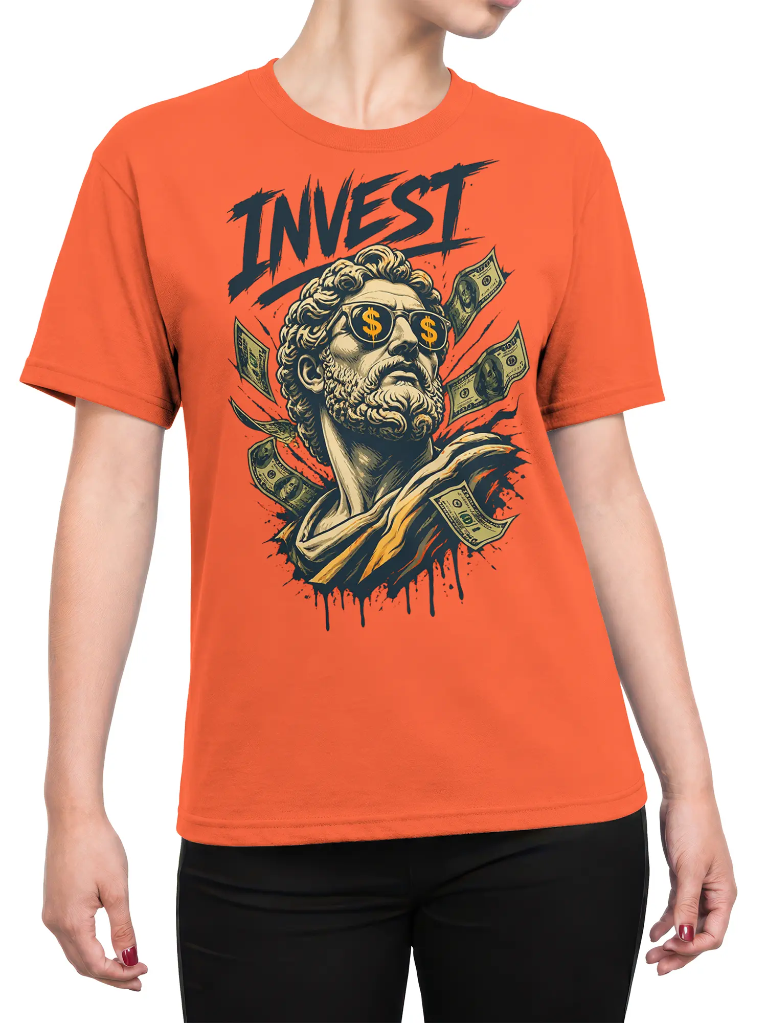 Female torso wearing an orange investment T-shirt with a classical money statue and dollar bill artwork